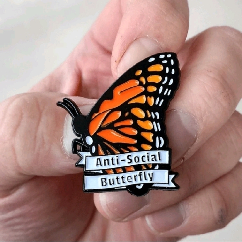 Women's Anti-Social Butterfly charm pin enamel brooch monarch orange black